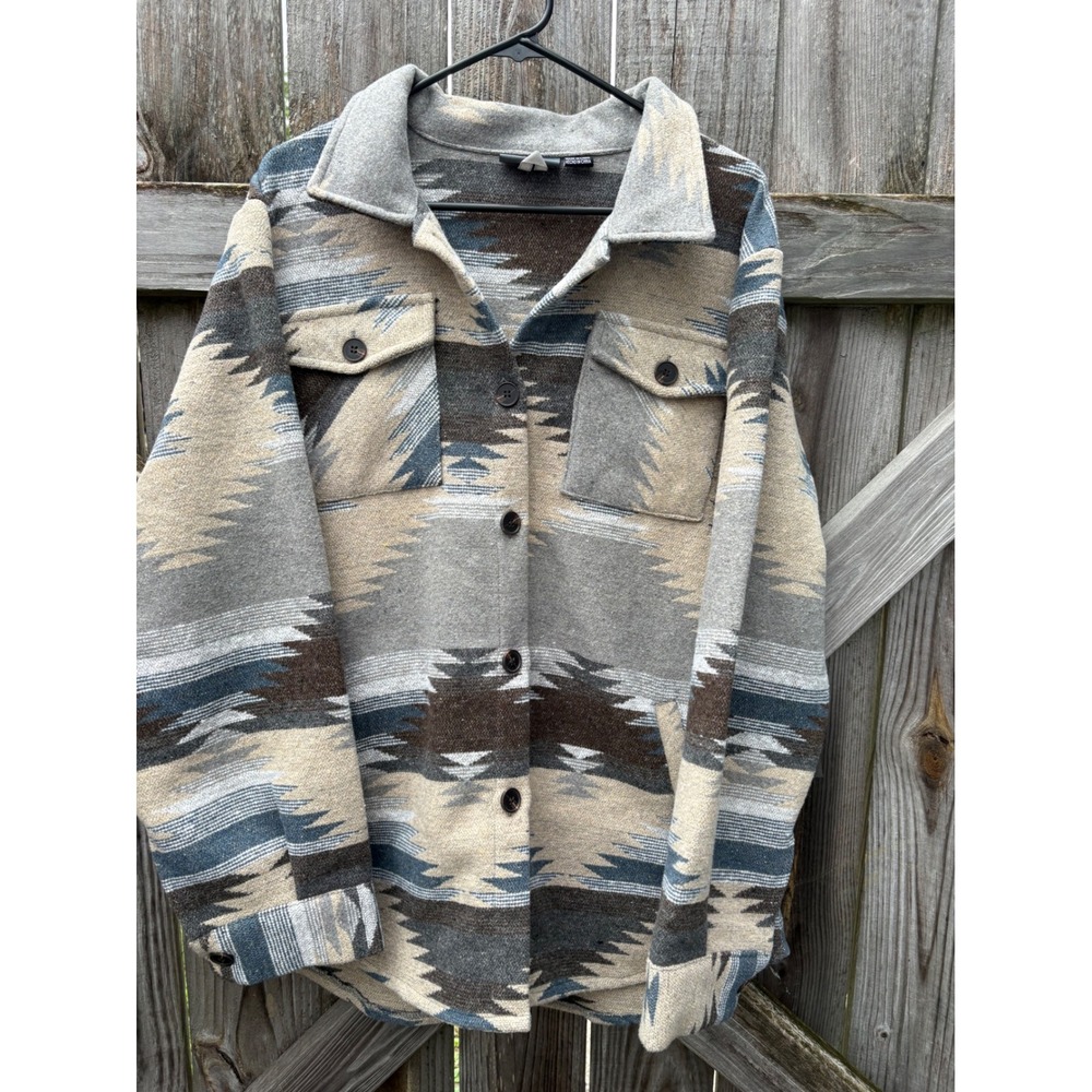 Pulse Womens Thermal Southwestern Shacket Grey Tan Geometric Button Front Large